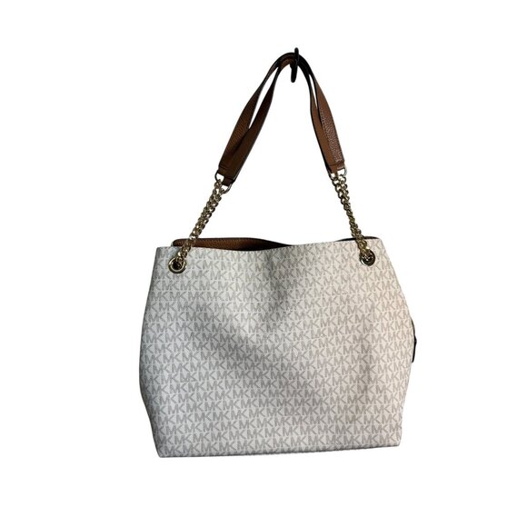 Michael Kors White Monogram Canvas Chain Tote Bag With Gold Accents - Picture 13 of 13